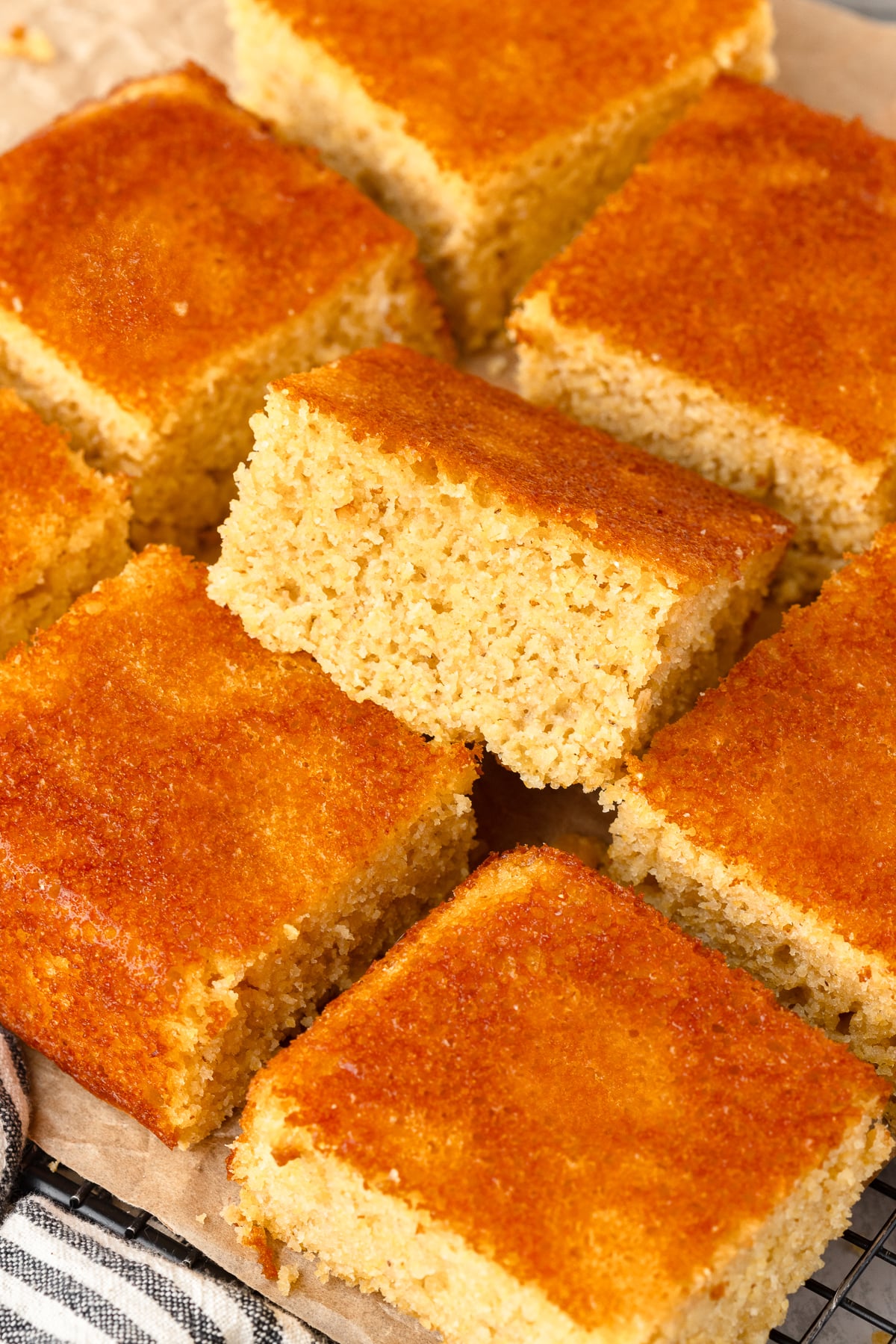 Fresh Milled Flour Cornbread with a stack on top.
