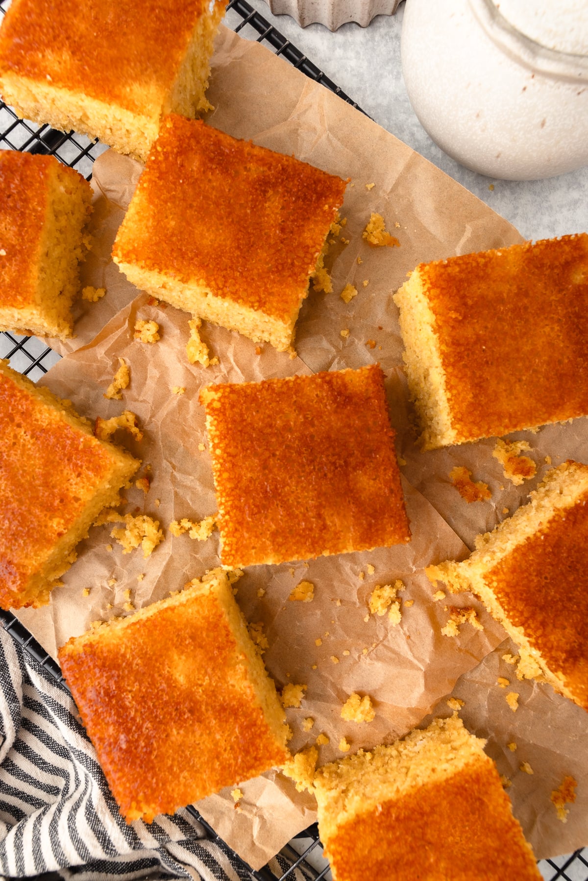 Fresh Milled Flour Cornbread squares overhead view.