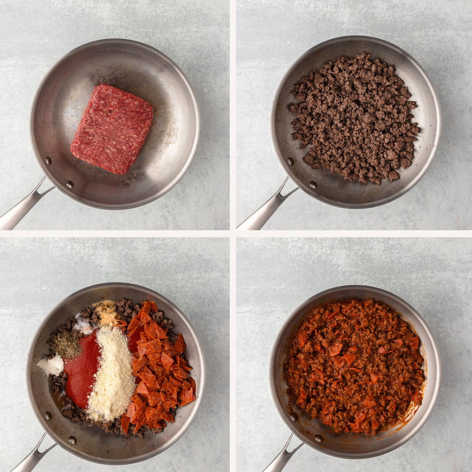 Ground beef and tomato sauce for Pizza Sloppy Joes in a skillet.