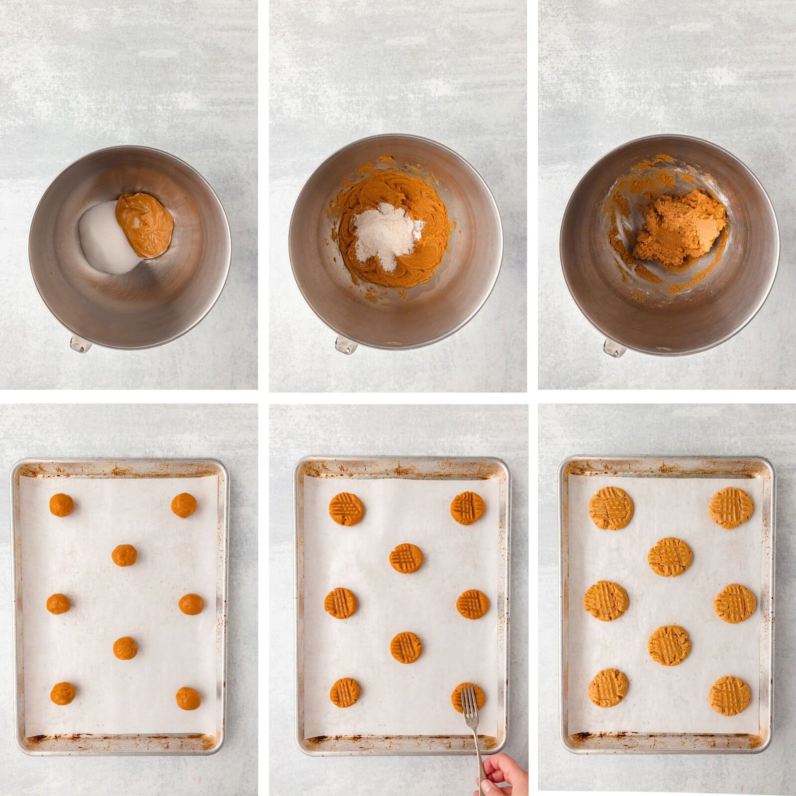 Peanut butter cookie dough and shaped cookies on baking sheets for Fresh Milled Flour Peanut Butter.