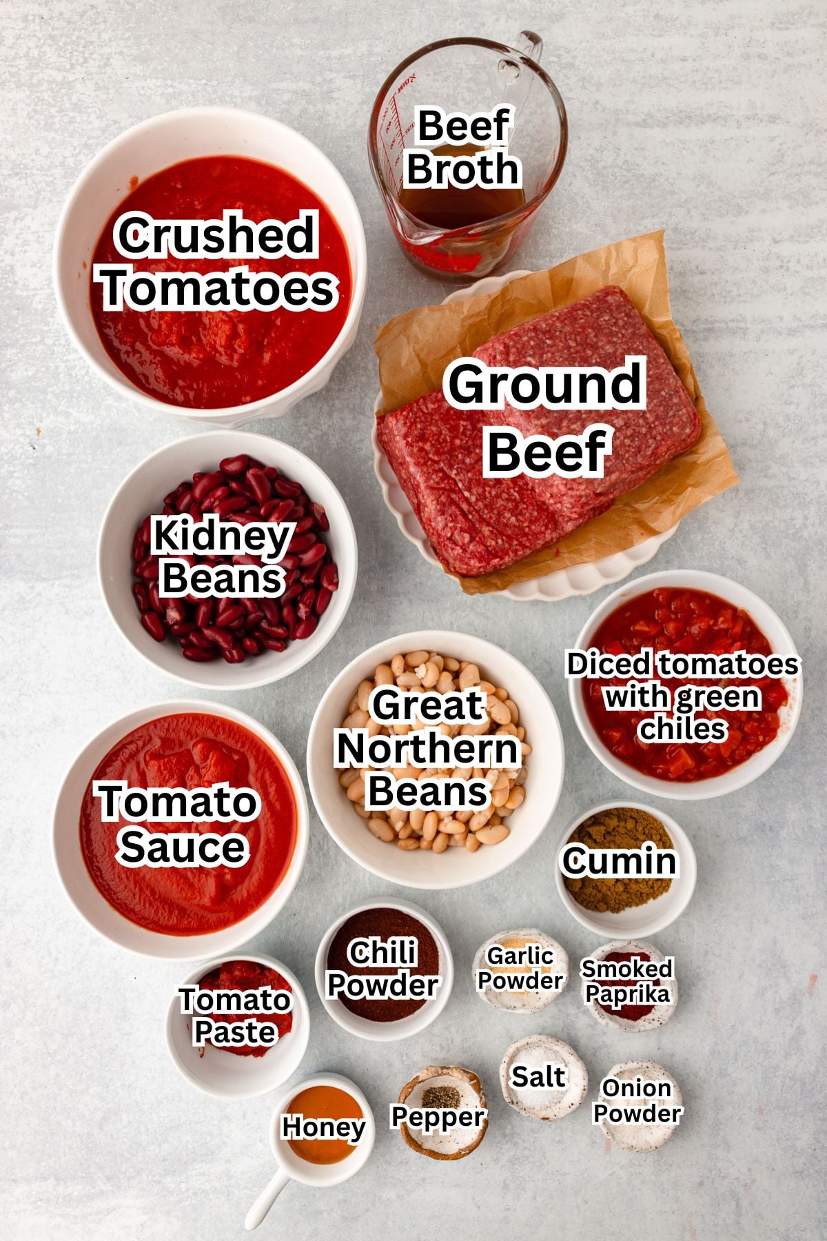 Ingredients for Slow Cooker Chili labeled with their names.