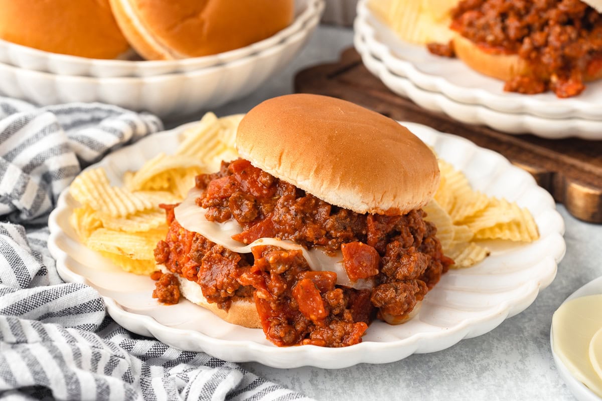 Pizza Sloppy Joes with savory meat and melted cheese in a soft bun.
