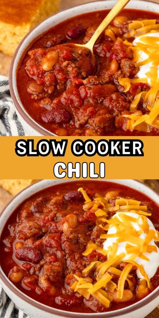 Slow Cooker Chili graphic showing two bowls of chili.