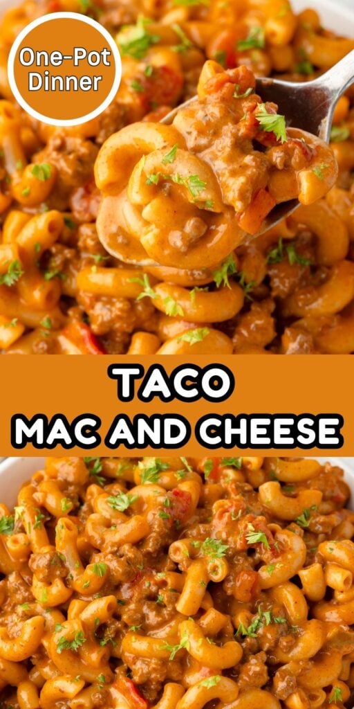 Taco Mac and cheese with a spoon on the top image.