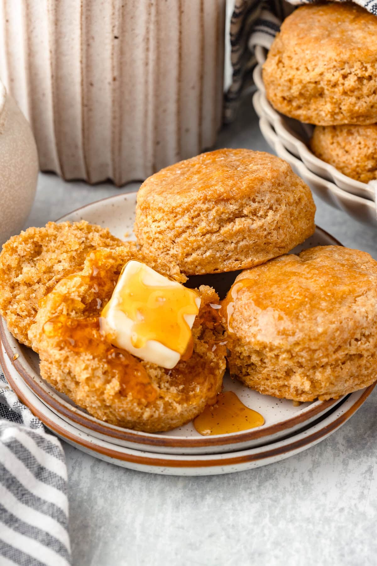 Whole wheat biscuits with crispy golden crust and melting butter.