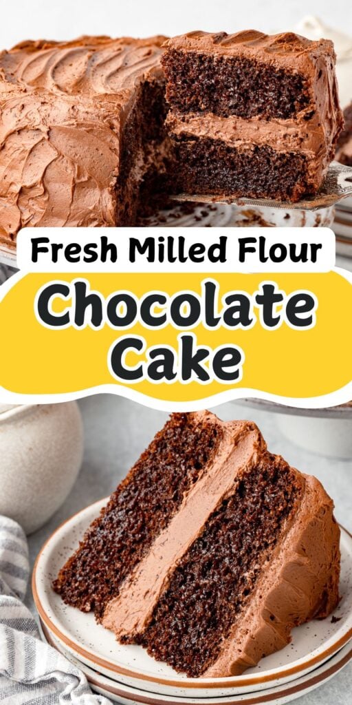 Fresh Milled Flour Chocolate Cake with a slice cut out.