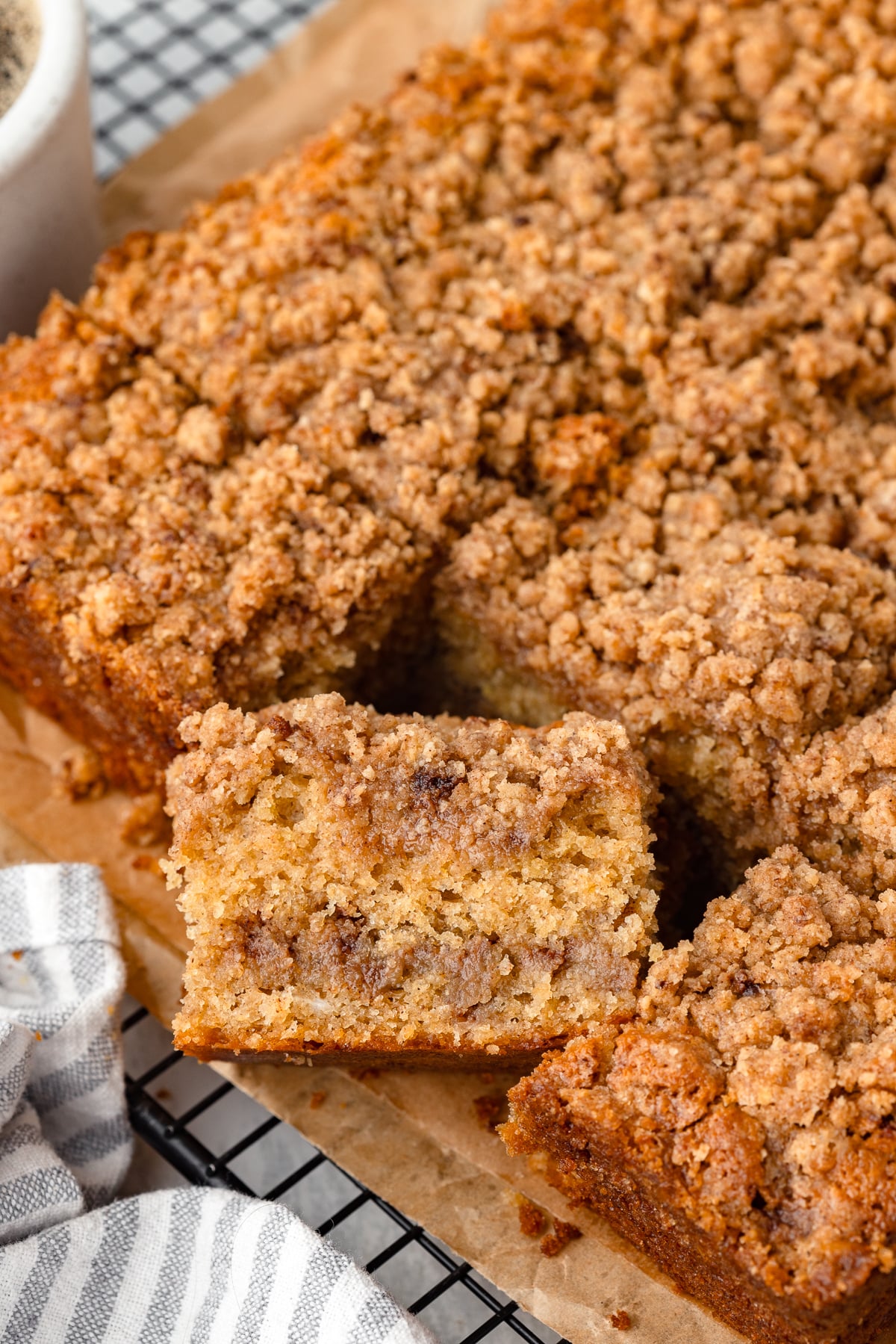 Fresh Milled Flour Coffee Cake with a slice turned up showing the inside.