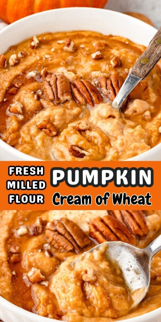 Fresh milled flour Pumpkin Cream of Wheat made with freshly milled flour in white bowls.