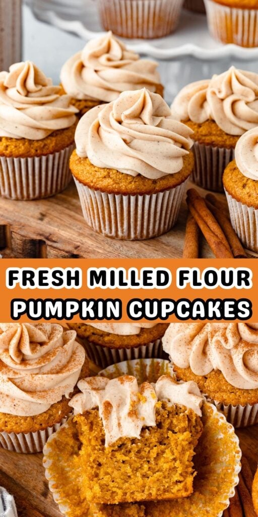 Pumpkin cupcakes made with fresh milled flour and topped with pumpkin spice cream cheese frosting.